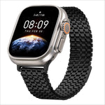 Silver-toned apple watch ultra with black mesh stainless steel band and orange-accented crown for watch ultra series