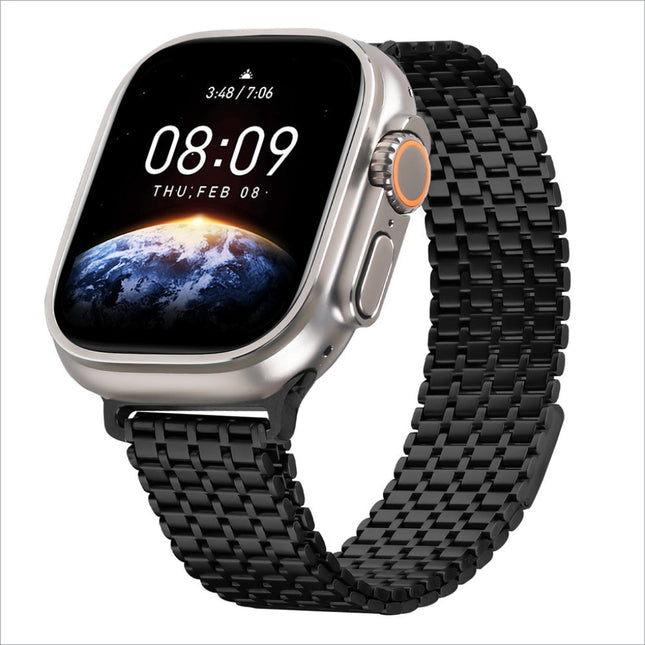 Silver-toned apple watch ultra with black mesh stainless steel band and orange-accented crown for watch ultra series
