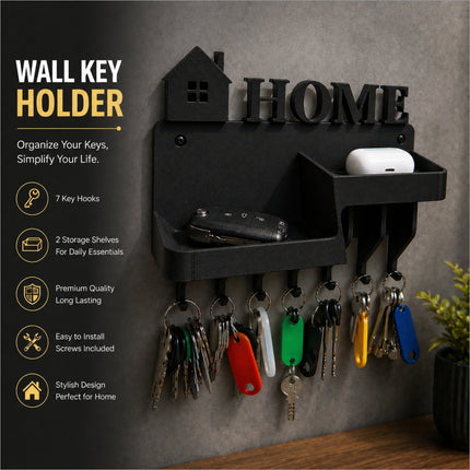 Black wall key holder with house-shaped cutout home sign two shelves and seven hooks for organizing keys