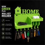 Neon green pla+ wall key holder shaped like a house with home text two shelves and seven hooks for home organization