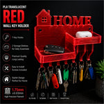 Red translucent pla wall key holder shaped like a house with 7 hooks shelves and home text for wall key organization