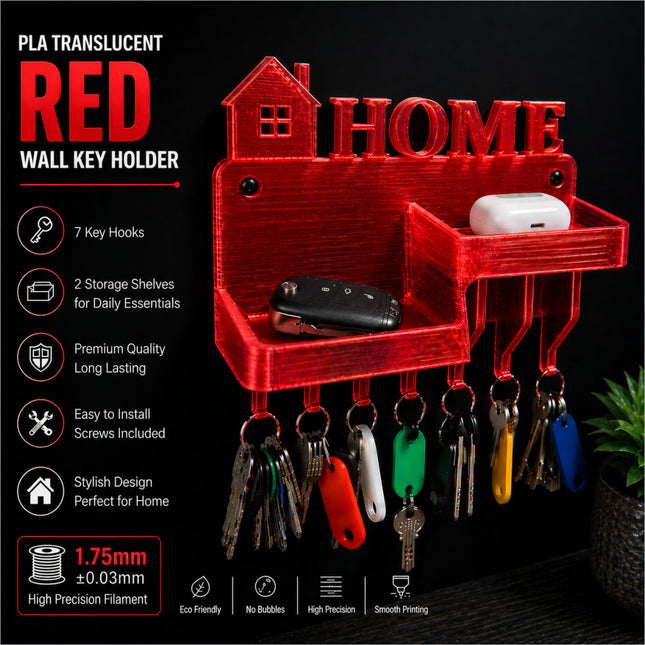 Red translucent pla wall key holder shaped like a house with 7 hooks shelves and home text for wall key organization