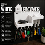 White petg wall key holder with house design, 7 hooks, and two shelves for home organization and key storage