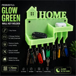 Glow-in-the-dark green pla+ wall key holder shaped like a house with home text and seven hooks for home organization