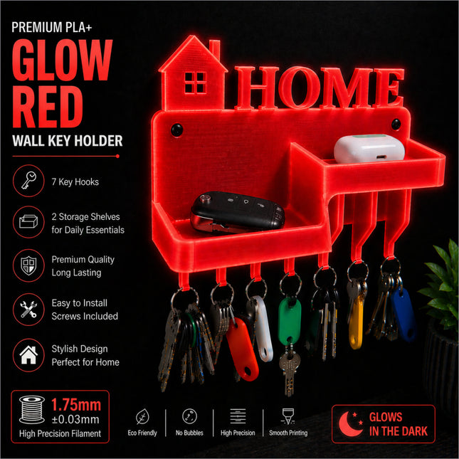 Stylish red glow-in-the-dark pla+ wall key holder with house shape, 7 hooks, and storage shelf for home organization