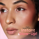 A woman with a radiant complexion wearing soft pink blush from swiss beauty bake me up blush and highlighter