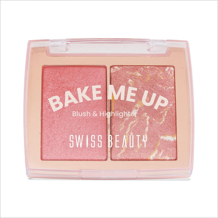 Pink and gold shimmering blush and highlighter palette from swiss beauty bake with 2-in-1 baked formula and long-lasting pigment