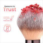 A swiss beauty bake soft makeup brush with gradient red powder tip and sleek black handle for blush and highlighter application