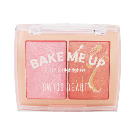 Swiss beauty bake me up blush and highlighter palette with pink and peach shades in 2-in-1 baked formula