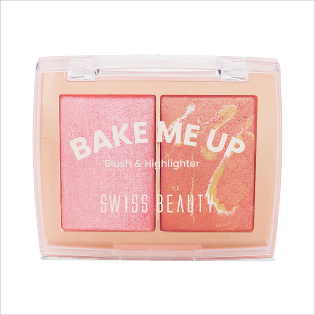 Swiss beauty bake me up blush and highlighter palette with pink and peach shades in 2-in-1 baked formula
