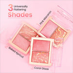 Swiss Beauty Bake Me Up blush and highlighter palette with pink macaron, baked apricot, and coral glaze shades in gold frames