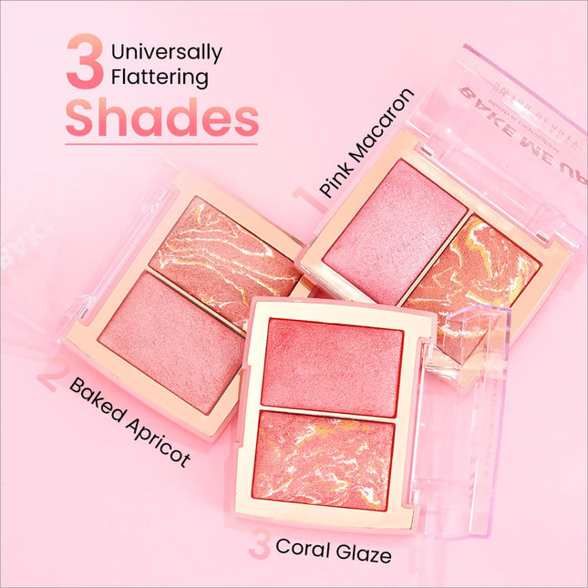 Swiss Beauty Bake Me Up blush and highlighter palette with pink macaron, baked apricot, and coral glaze shades in gold frames