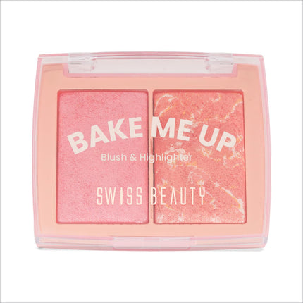 Pink rectangular swiss beauty bake makeup palette with two blush and highlighter pans in solid pink and marbled coral