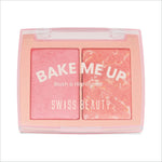 Pink rectangular swiss beauty bake makeup palette with two blush and highlighter pans in solid pink and marbled coral
