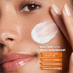 A dollop of white creamy swiss beauty care d-tan pro-glow facial kit applied on cheek to boost brightness and reduce tanning