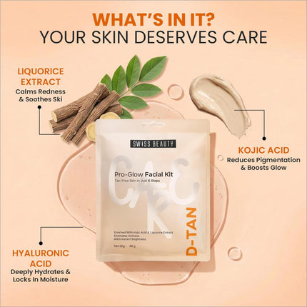 Swiss Beauty Care D-Tan Pro-Glow facial kit in translucent white pouch with orange text boosts brightness with kojic acid