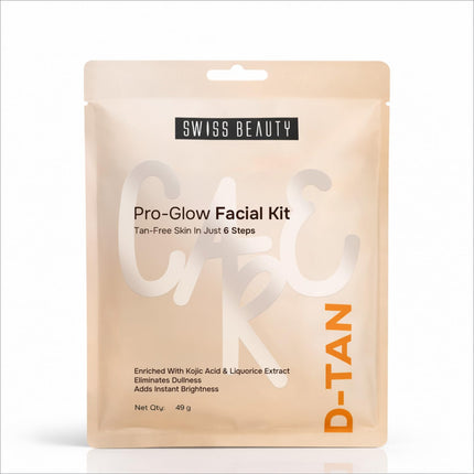 Swiss beauty care d-tan pro-glow facial kit in beige pouch with orange and white text for tanning removal and brightening