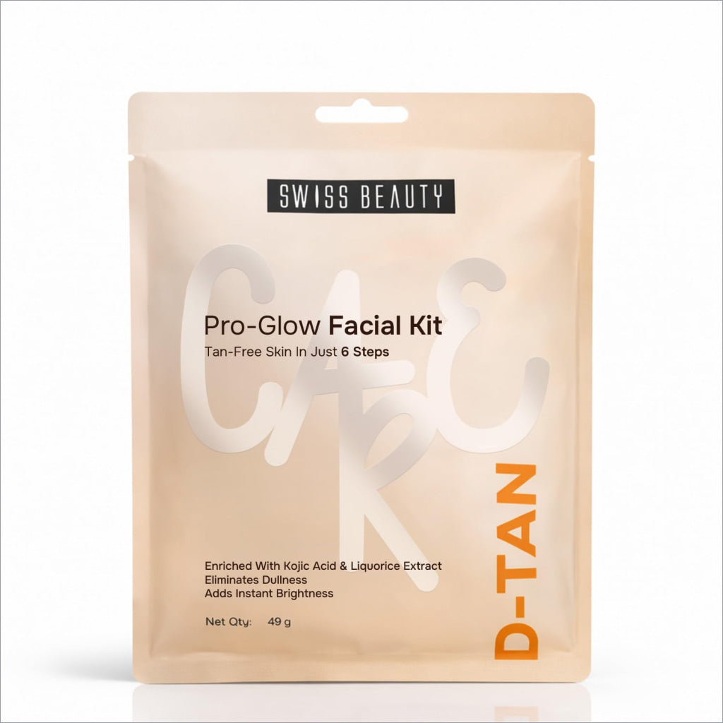 Swiss beauty care d-tan pro-glow facial kit in beige pouch with orange and white text for tanning removal and brightening