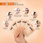 A hand holding six peach-colored swiss beauty care d-tan pro-glow skincare sachets for tan-free prep routine