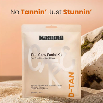 Swiss beauty care d-tan pro-glow facial kit in translucent white pouch with orange text eliminates tanning and boosts brightness