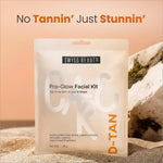 Swiss beauty care d-tan pro-glow facial kit in translucent white pouch with orange text eliminates tanning and boosts brightness