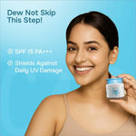 Swiss Beauty Care branding on the Dew Lock Day Cream With SPF 15+++ product, emphasizing its cruelty-free and paraben-free formulation for skin care enthusiasts, reliable day cream with spf.
