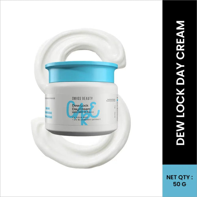 Swiss Beauty Care Dew Lock Day Cream With SPF 15+++ - 2% Aqua Neo & 2% Blueberry Extract (50g) packaging showcasing the benefits of hydration and sun protection, ideal day cream with spf.