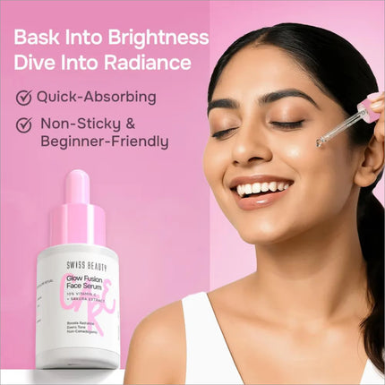 Flat lay of Swiss Beauty Care Glow Fusion Face Serum among skincare products, showcasing its effectiveness as a face serum for glowing skin.