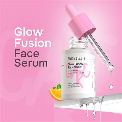 Packaging of Swiss Beauty Care Glow Fusion Face Serum with description, showcasing benefits of 10% Vitamin C, the ultimate face serum for glowing skin.