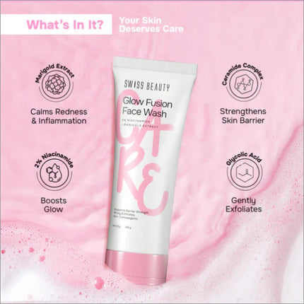 User applying Care Glow Fusion Face Wash for a refreshed complexion and a natural glow face wash experience.