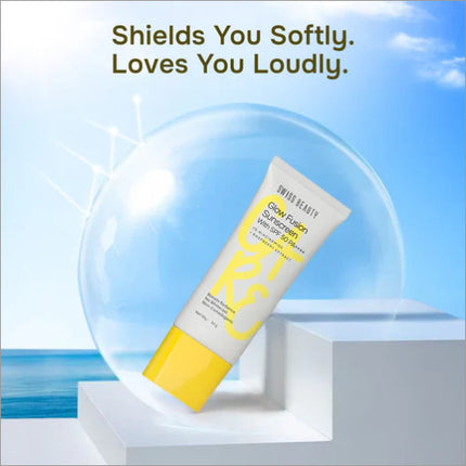 Close-up of Care Glow Fusion Sunscreen With SPF 50 PA++++ bottle highlighting the label and features, perfect for those seeking a sunscreen with SPF 50 for daily use.