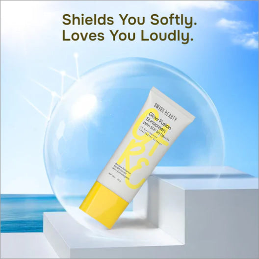 Close-up of Care Glow Fusion Sunscreen With SPF 50 PA++++ bottle highlighting the label and features, perfect for those seeking a sunscreen with SPF 50 for daily use.