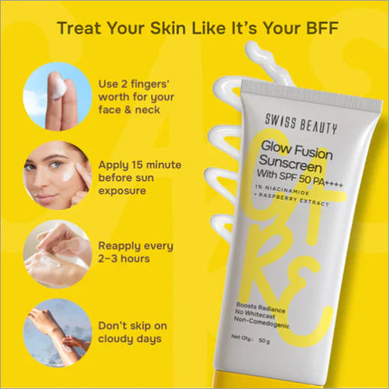 Model demonstrating the use of Care Glow Fusion Sunscreen With SPF 50 PA++++ outdoors, emphasizing its broad-spectrum protection as a top sunscreen with SPF 50.
