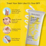 Model demonstrating the use of Care Glow Fusion Sunscreen With SPF 50 PA++++ outdoors, emphasizing its broad-spectrum protection as a top sunscreen with SPF 50.