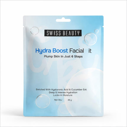 Swiss beauty care boost facial kit in a sleek light blue pouch with bubble designs for deep hydration and nourishment