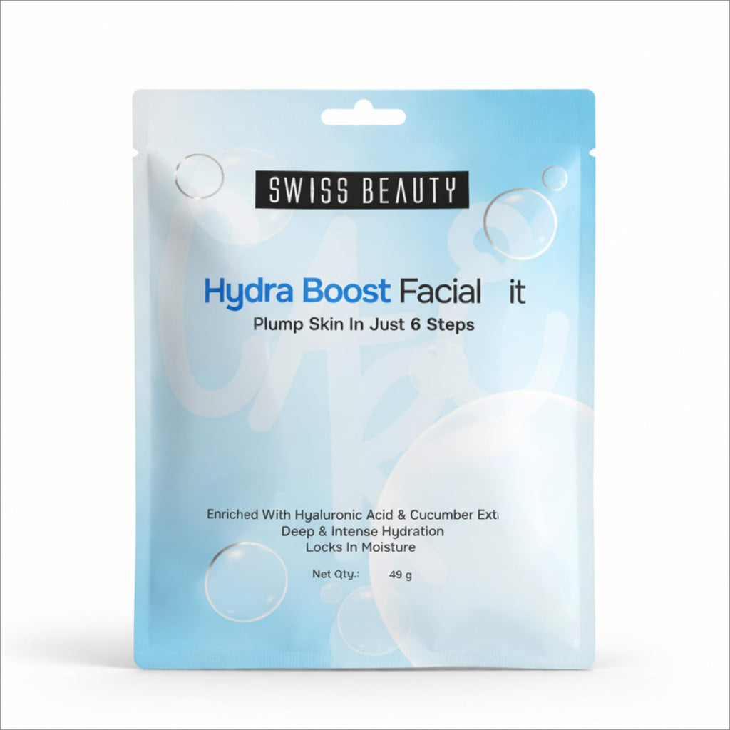 Swiss beauty care boost facial kit in a sleek light blue pouch with bubble designs for deep hydration and nourishment