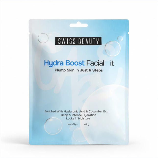 Swiss beauty care boost facial kit in a sleek light blue pouch with bubble designs for deep hydration and nourishment