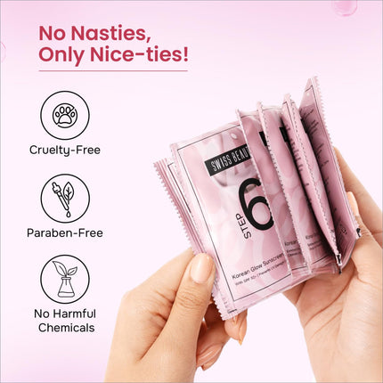 Pink swiss beauty korean glow facial kit packets labeled step 6 with glossy finish for radiant glass skin