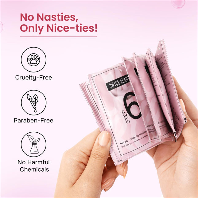 Pink swiss beauty korean glow facial kit packets labeled step 6 with glossy finish for radiant glass skin