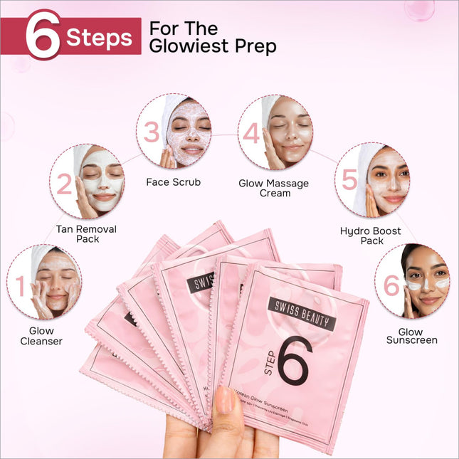 Pink swiss beauty glow sunscreen sachet with black text and number six for korean glow facial kit instant radiance