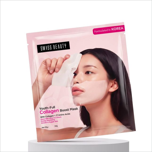 Pink swiss beauty youth-full collagen boost sheet mask with white collagen mask applied for korean skin care hydration