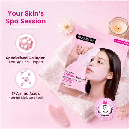 Pink swiss beauty care youth-full collagen boost mask packet with woman wearing mask highlighting collagen skin care benefits