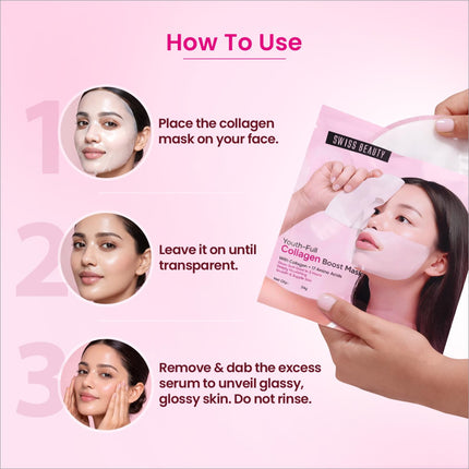 Pink swiss beauty youth-full collagen boost mask in a glossy pouch with branding and korean skin care instructions