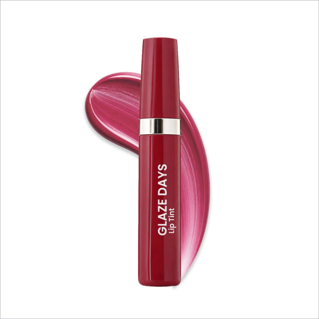 A sleek red tube of Swiss Beauty glaze days lip tint with a silver band showing its glossy magenta shade
