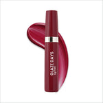 A sleek deep red cylindrical Swiss Beauty glaze days lip tint with silver band and white lettering for juicy hydration