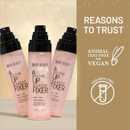 Three pink translucent bottles of swiss beauty glow up makeup fixer with black spray nozzles for dewy radiance