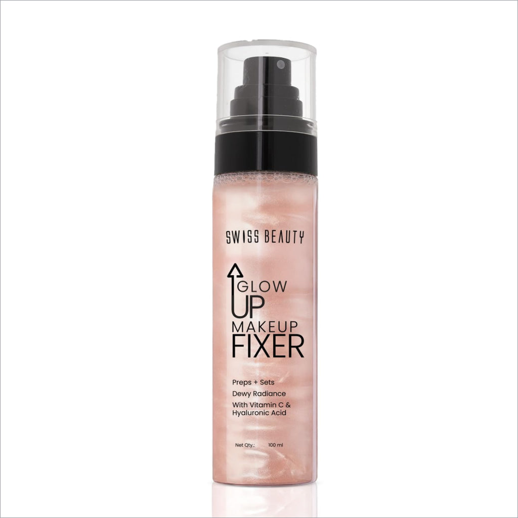 Swiss beauty glow makeup fixer spray bottle with black pump and clear cap filled with shimmering pink liquid for face and body