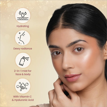 A woman with dark hair shows hydrated radiant skin using swiss beauty glow up makeup fixer with vitamin C and hyaluronic acid