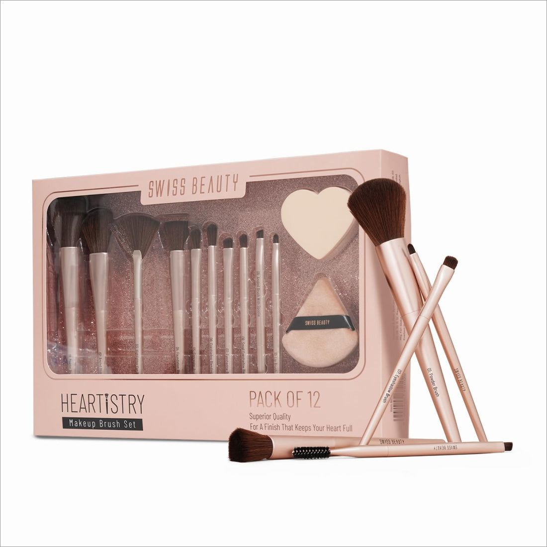 The Swiss Beauty Heartistry Makeup Brush Set includes 12 multifunctional brushes perfect for a flawless finish on face, eyes, and lips.