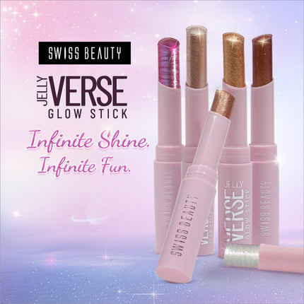 Pink cylindrical swiss beauty jelly verse eyeshadow glow sticks with glittery purple gold and bronze metallic tips